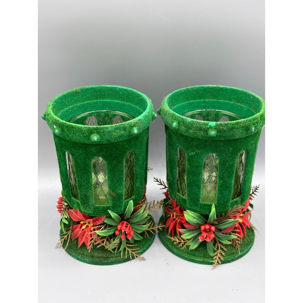 Vtg Candle Holders Flocked Green Holiday‎ Glass Inserts Christmas Decor